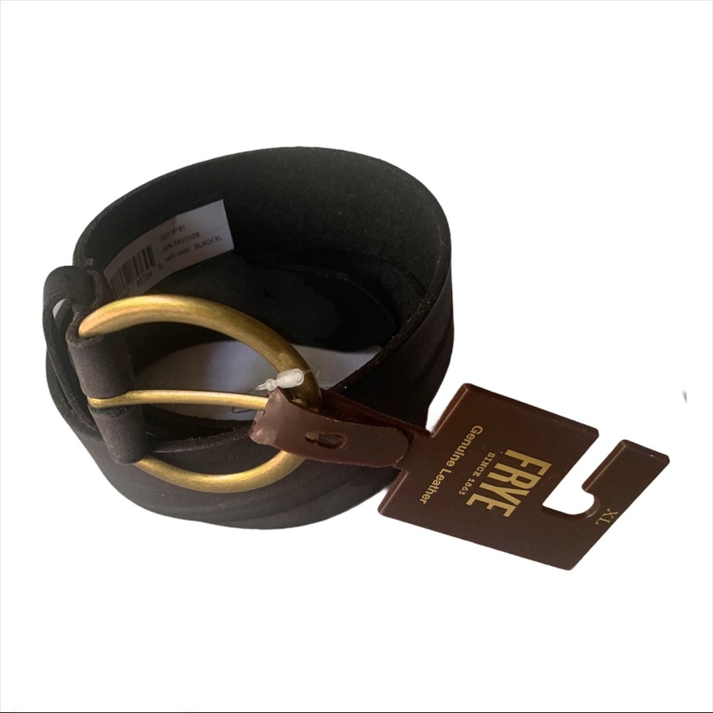 FRYE Belt Black Leather Bronze Buckle XL NWT
